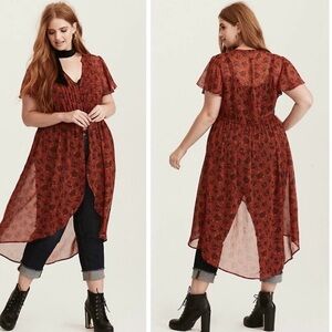 Torrid Rust Floral Chiffon Maxi Duster Plus Size 0X
